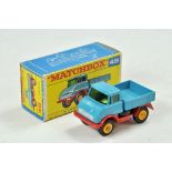 Matchbox Regular wheels No. 49b Mercedes Unimog. Blue and Red with yellow hubs, green tinted screen.