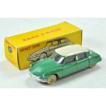 French Dinky Toy No. 24C Citroen DS 19. Green body with pale cream roof, silver trim, chrome