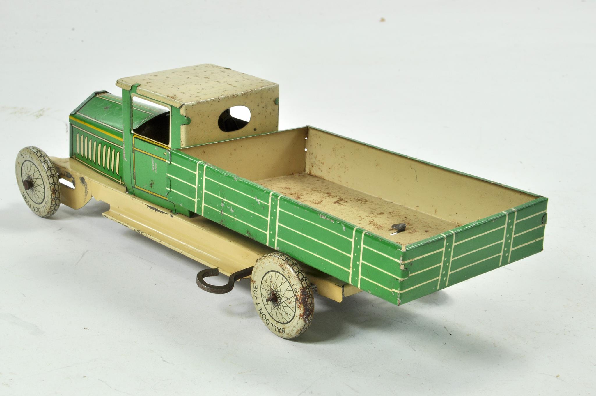 Wells Mechanical Wind up tinplate Tipper Truck in green and cream. Good working example has scuffs - Image 2 of 3