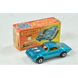 Matchbox Superfast No. 4F Pontiac Firebird. Metallic light blue body, unpainted base, amber glass.