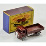 Matchbox Regular wheels No. 20A. E.R.F. Stake Truck. Maroon body, silver trim, metal wheels. Appears