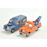 Triang Spot-On duo of worn diecast vehicle issues comprising Land Rover RAC and Crash Service.