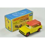 Matchbox Regular Wheels No. 18e Field Car. Yellow with white interior, black base and red hubs.