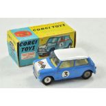 Corgi No. 227 Mini Cooper Rally. Bright blue body with white roof and bonnet. Yellow interior,