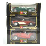 Trio of 1/18 Burago diecast vehicles including Jaguar x 2 plus Chevrolet. Appear very good, boxes