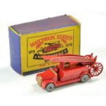 Matchbox regular wheels no. 9a Dennis Fire Engine. Red body with gold trim and metal wheels.