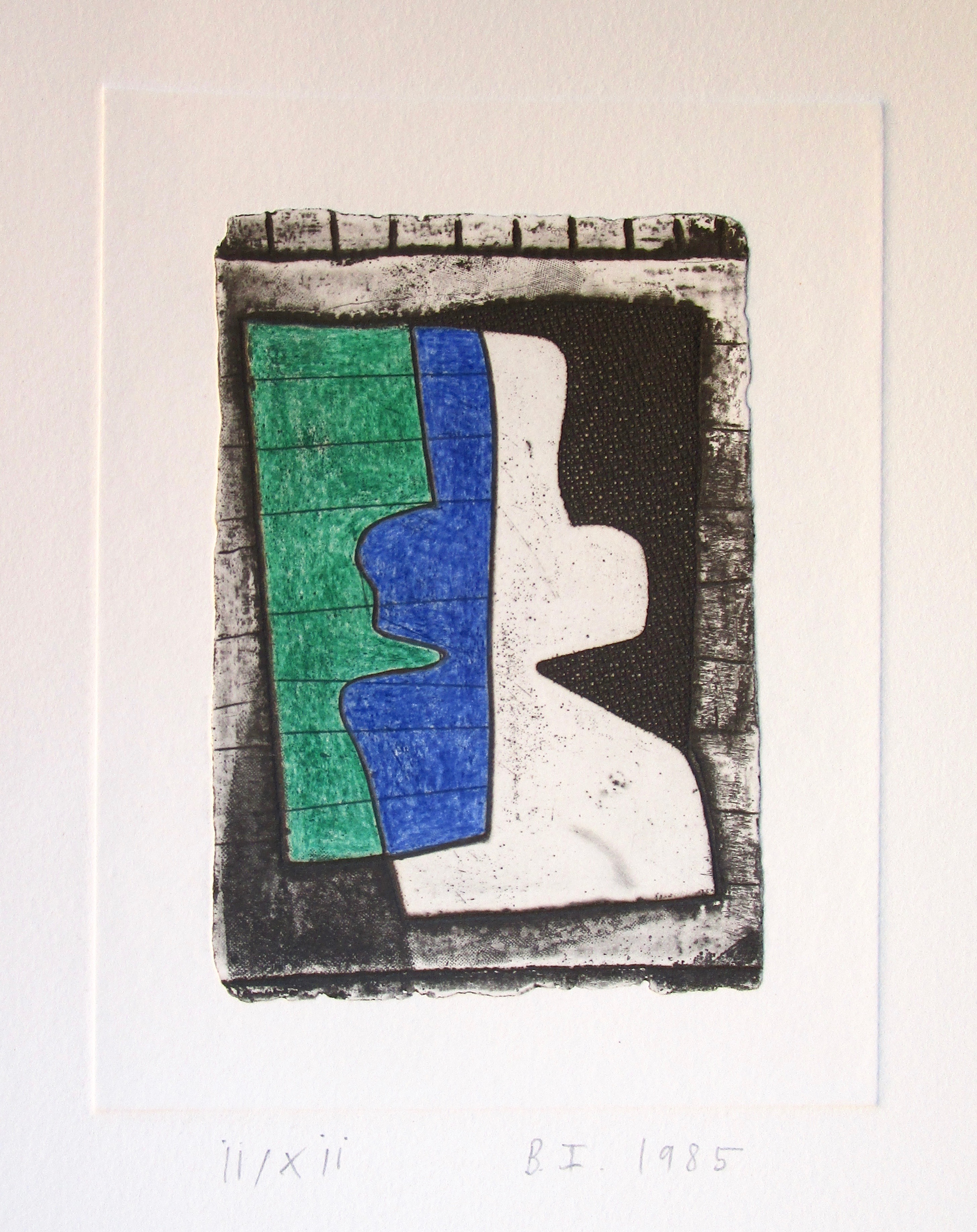 BRYAN INGHAM [1936-1997]. Untitled [Green and Blue], 1985. Etching with hand colouring on wove