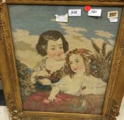 A Victorian needlework panel depicting two young girls with flowers,