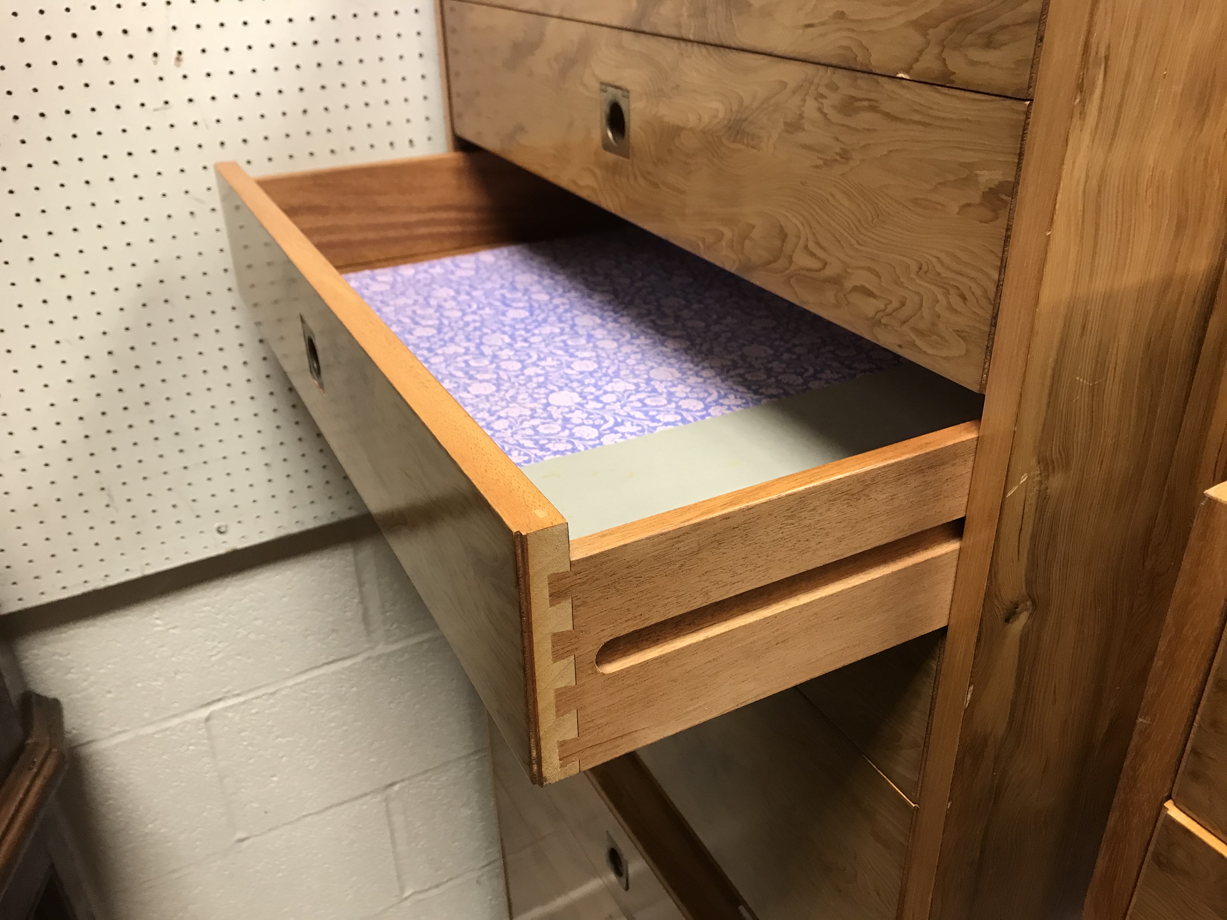 A 1960's yew wood chest of five long graduated drawers with brass flush handles, - Image 9 of 16