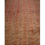 A modern Tekke Bokhara design rug with all-over elephant foot medallions on a faded terracotta /