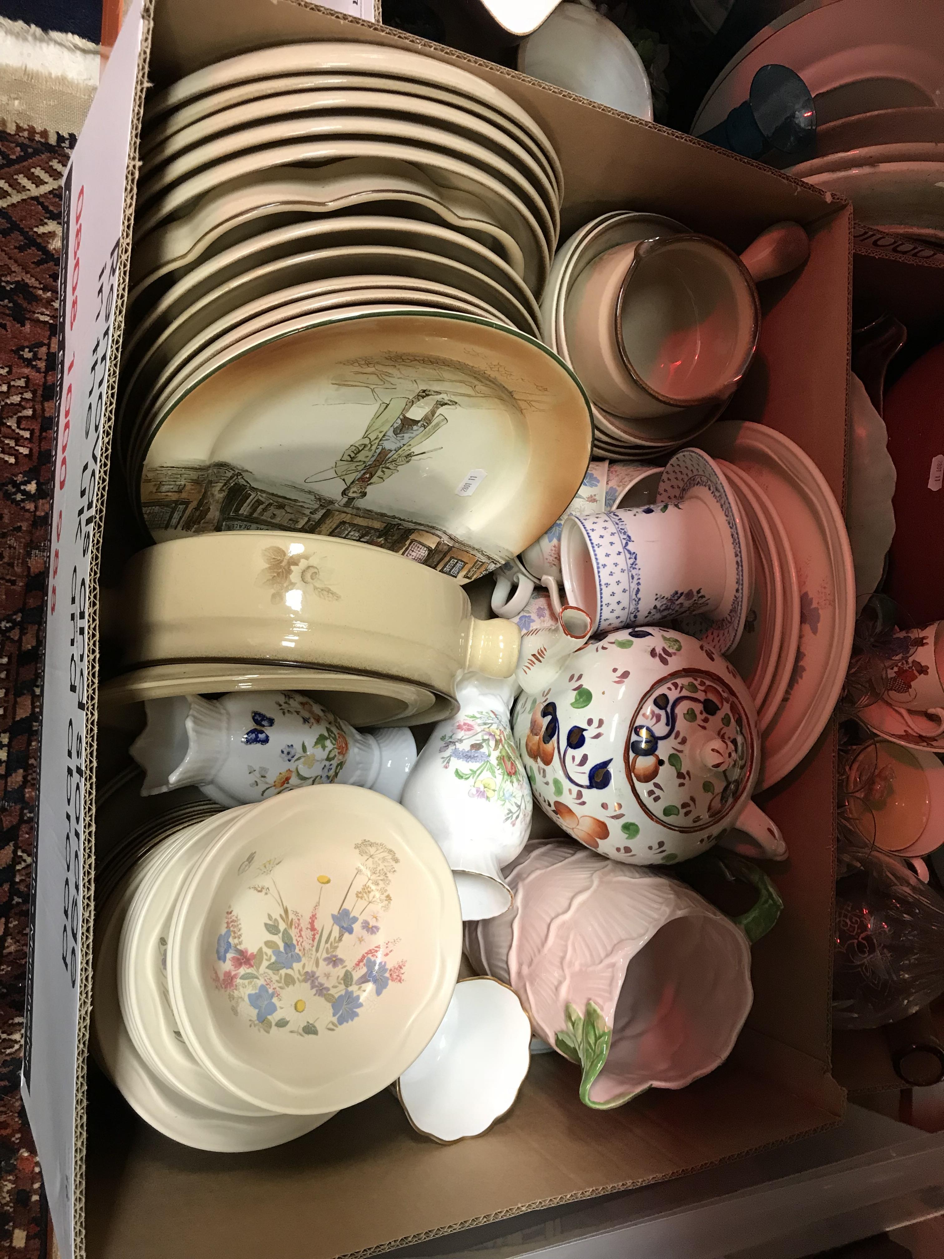 Two boxes of assorted china wares to include Denby and Poole dinner wares, terracotta bowl,