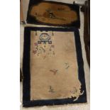 Three various Chinese pictorial rugs, each set with flowers or landscapes, within blue borders,