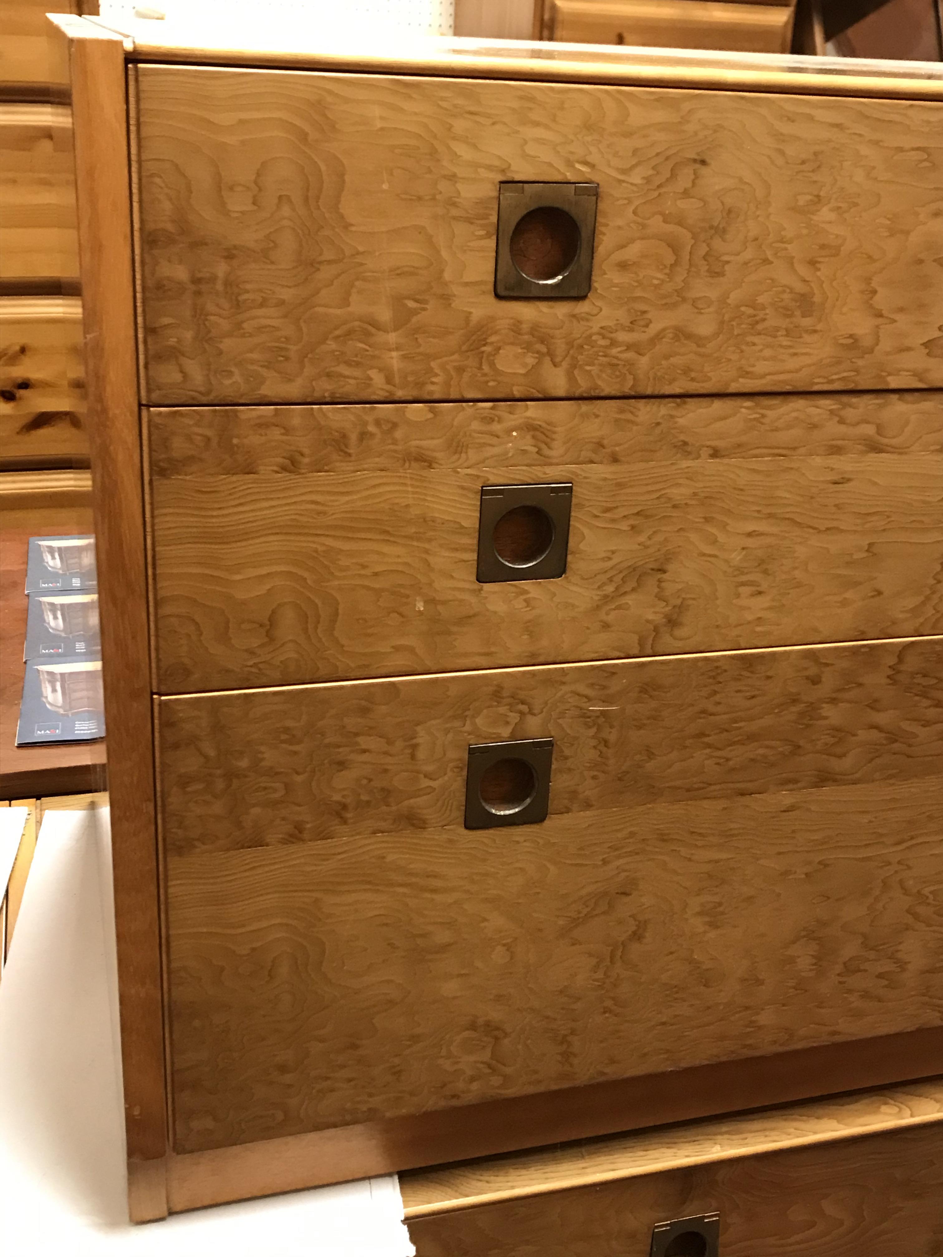 A 1960's yew wood chest of three long graduated drawers with brass flush handles, - Image 9 of 16