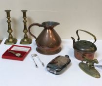 A box of various metal wares, to include plated hip flask, pair of Victorian silver sugar tongs,