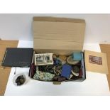 A box containing various costume jewellery including moss agate bead necklace,