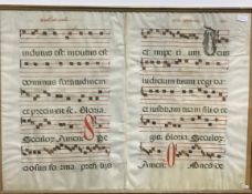 A framed and glazed illuminated musical manuscript in the mediaeval style,