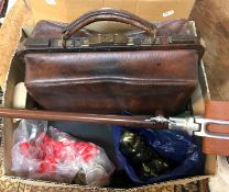 A leather gladstone-type "doctor's" bag, shooting stick,