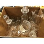 Four boxes of various cut and other glassware to include decanters, water jugs, mugs, sundae dishes,
