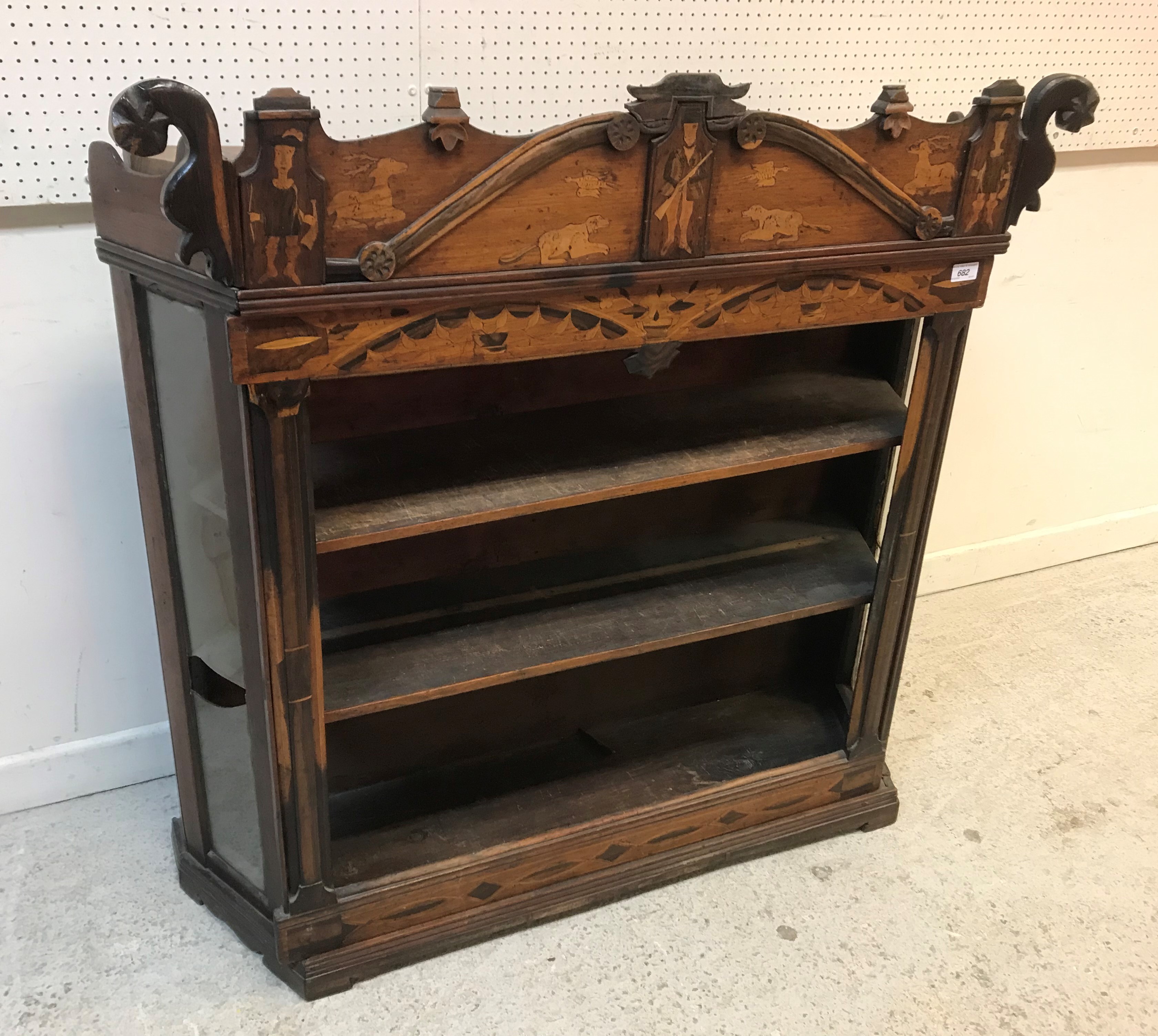 A 19th Century Continental walnut and marquetry inlaid side cabinet with sliding door (glass