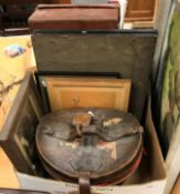 A leather hat box with brass fittings containing a Christy's London top hat,