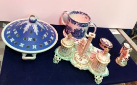 A 19th Century porcelain desk standish, the pen tray with lid decorated with garlanded sheep,