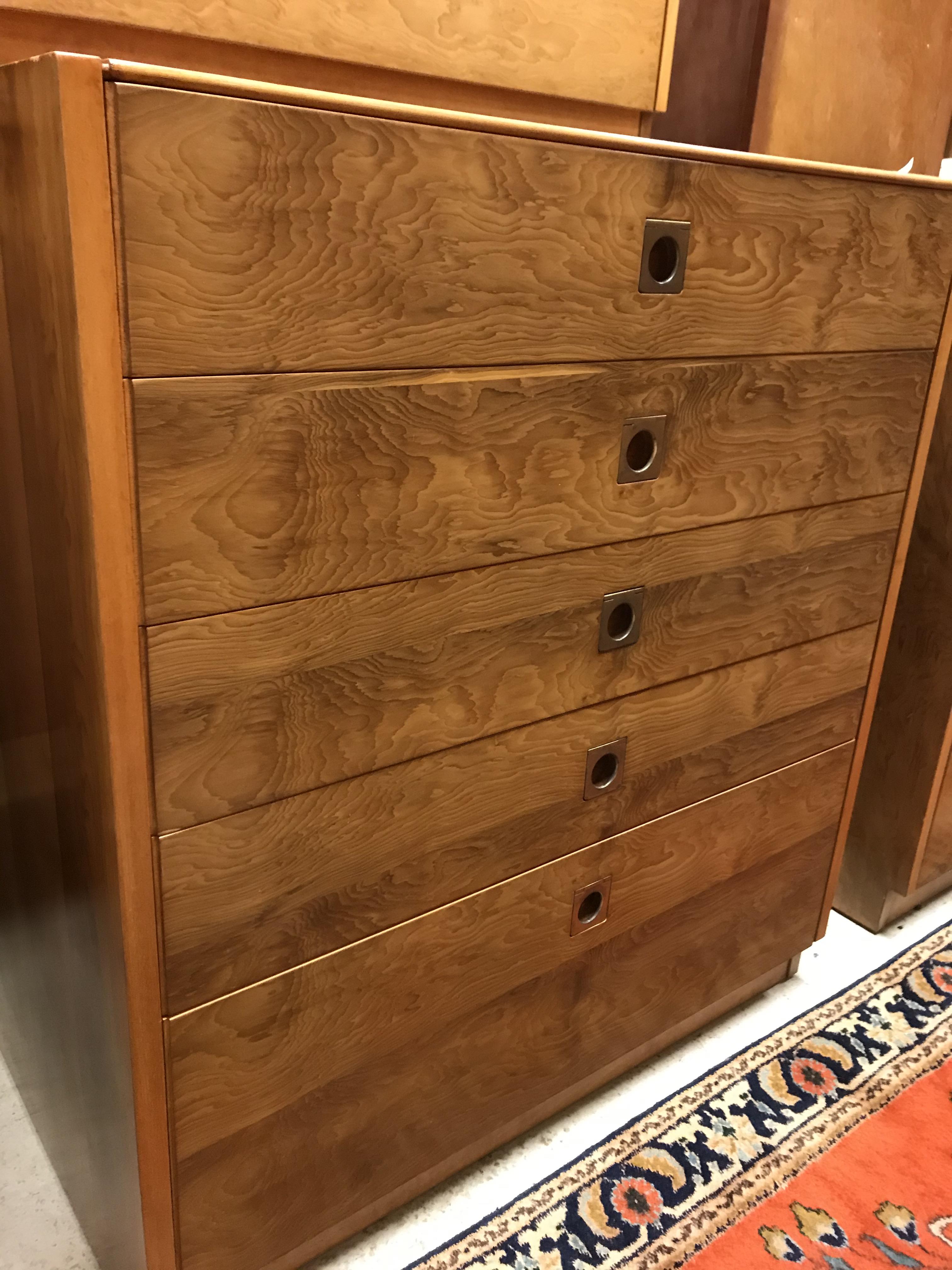 A 1960's yew wood chest of five long graduated drawers with brass flush handles, - Image 7 of 9