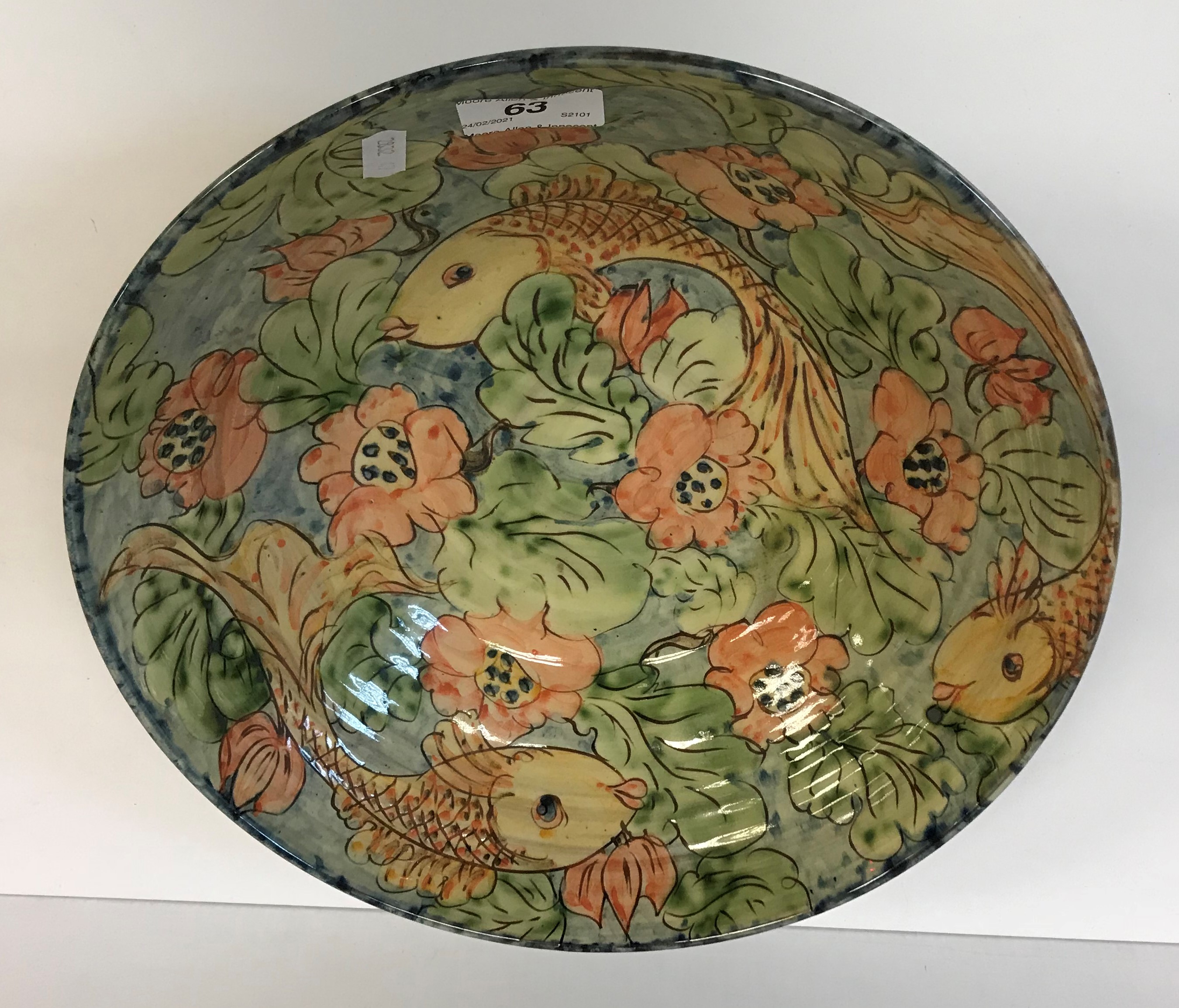 A Paul Jackson fish and flower design bowl, signed and dated 1987, 31 cm diameter x 9 cm high,