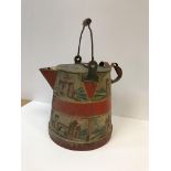 A 19th Century tole ware type barge jug, all-over decorated with bands of castles and buildings,