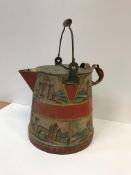 A 19th Century tole ware type barge jug, all-over decorated with bands of castles and buildings,