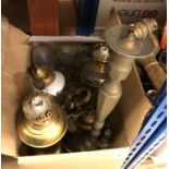 A box of various gas light fittings, brass table lamp, various glass lampshades,