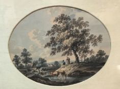 18TH CENTURY ENGLISH SCHOOL "Mother with child and cattle herd seated on riverbank with cattle in