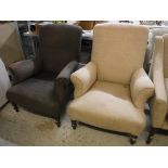 Two modern upholstered scroll arm armchairs, one in dark brown, the other in beige,