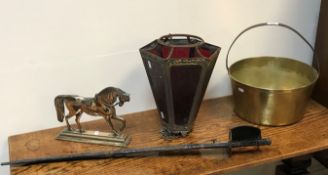 A circa 1900 embossed brass framed etched ruby glass panelled ceiling lantern of tapering hexagonal