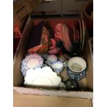 A box of assorted china and glassware to include a 20th Century Persian polychrome decorated plate