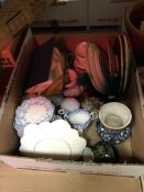 A box of assorted china and glassware to include a 20th Century Persian polychrome decorated plate