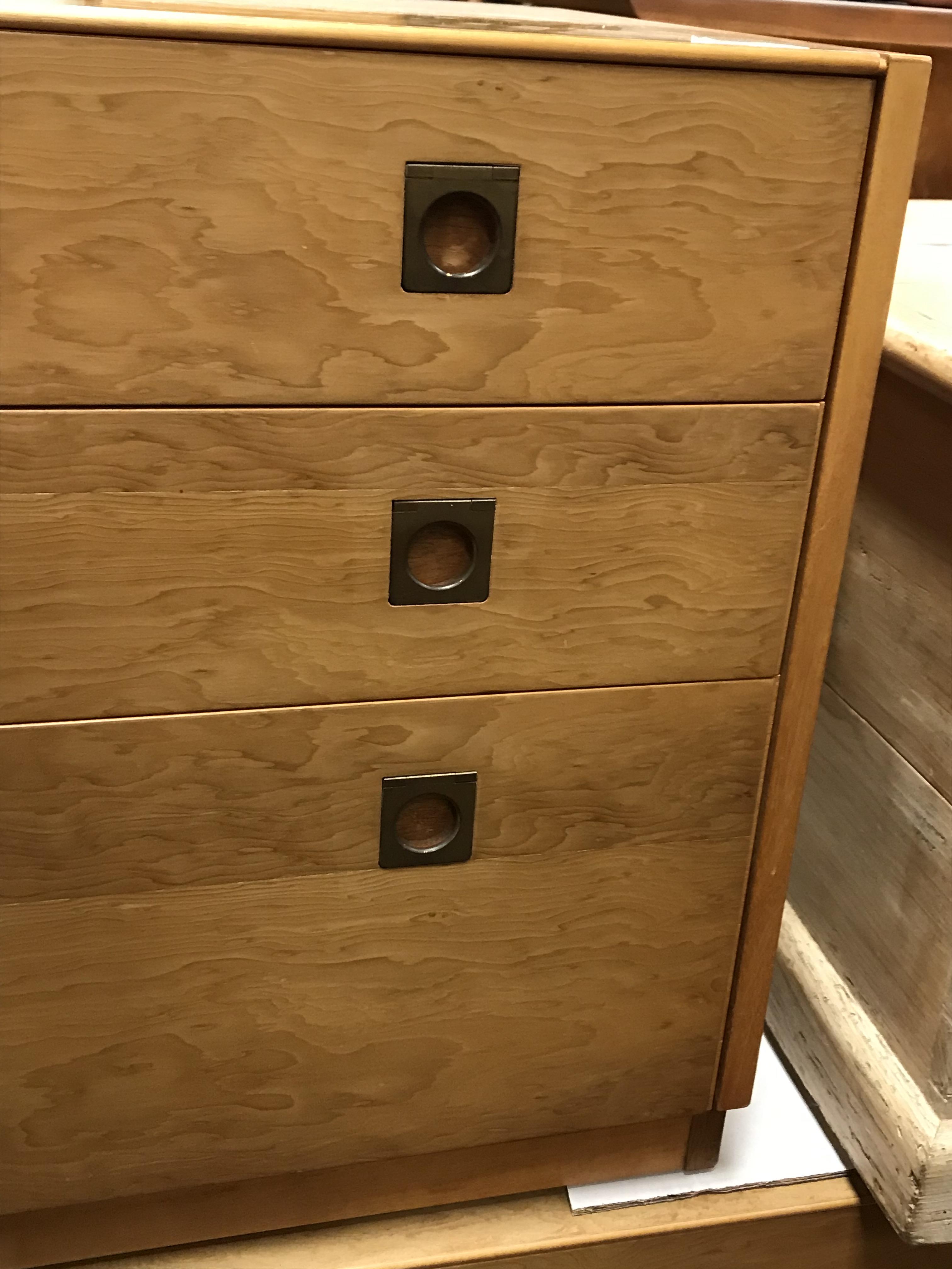 A 1960's yew wood chest of three long graduated drawers with brass flush handles, - Image 12 of 16