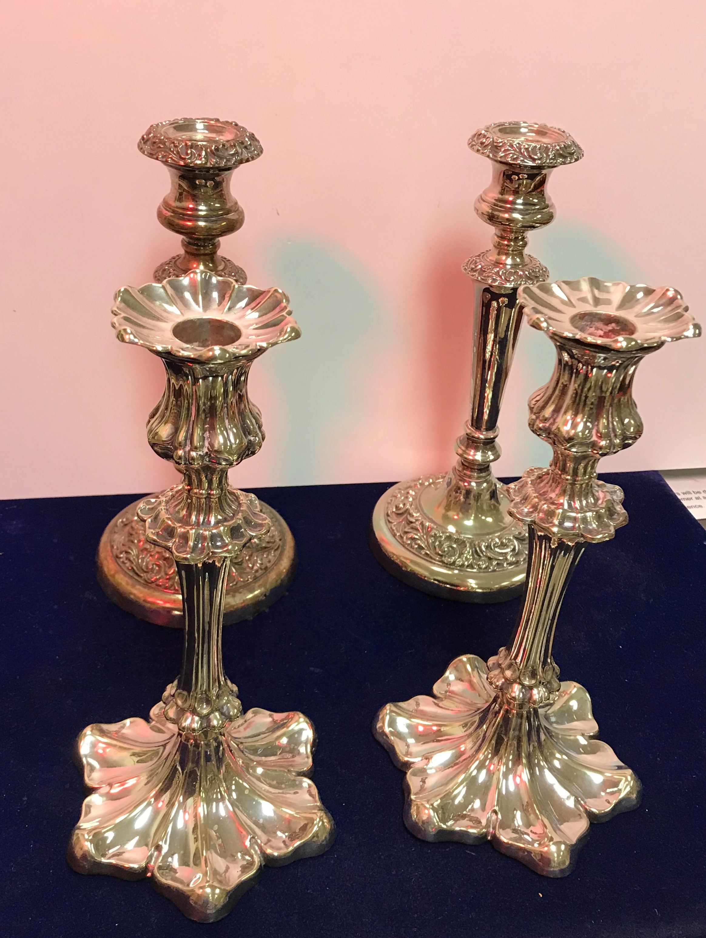 A collection of various plated wares, to include two pairs of candlesticks, 26cm H each approx,