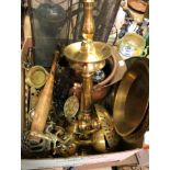 A box of various brass, copper, iron and other metal wares including modern Indian temple oil lamps,