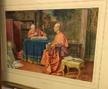 G R MORETTI (19th/20th Century) "Cardinals seated in library", watercolour, signed lower left,