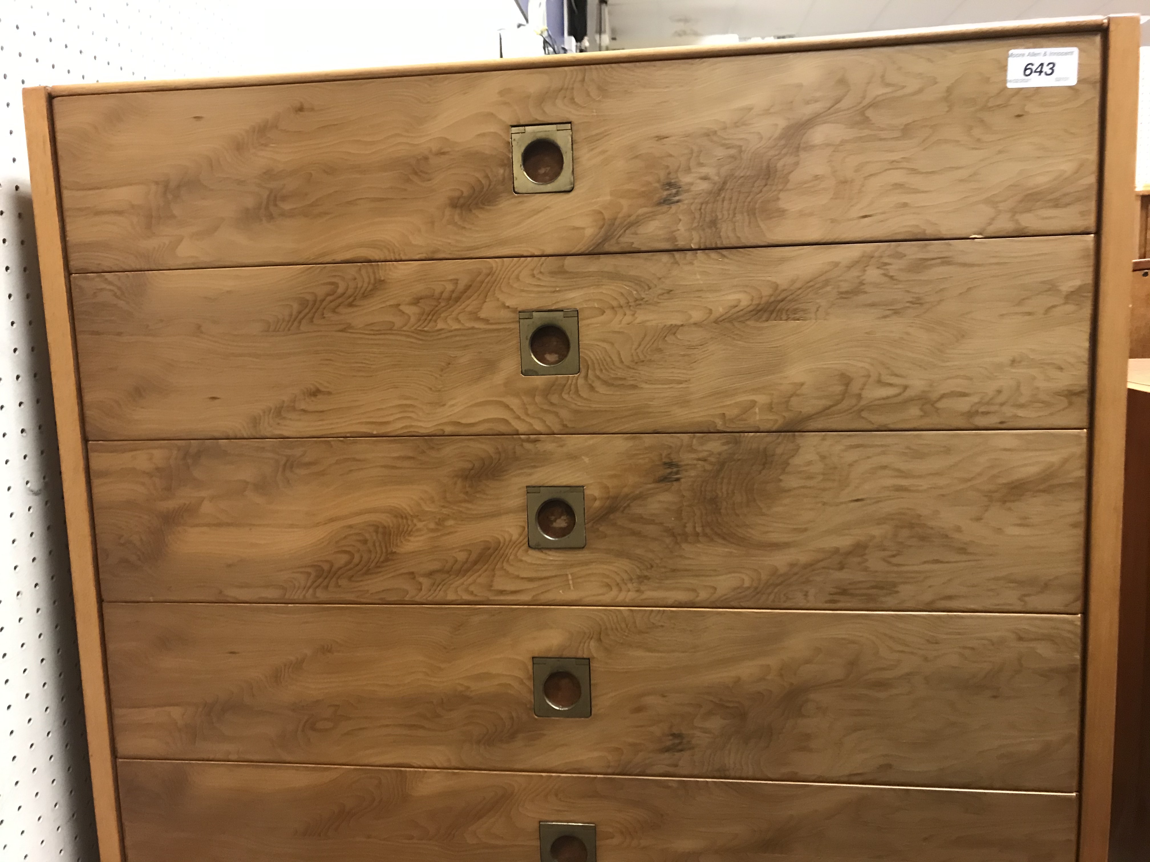 A 1960's yew wood chest of five long graduated drawers with brass flush handles, - Image 15 of 16