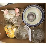 A box of various china and glassware to include Carlton ware mauve lustre fruit bowl,