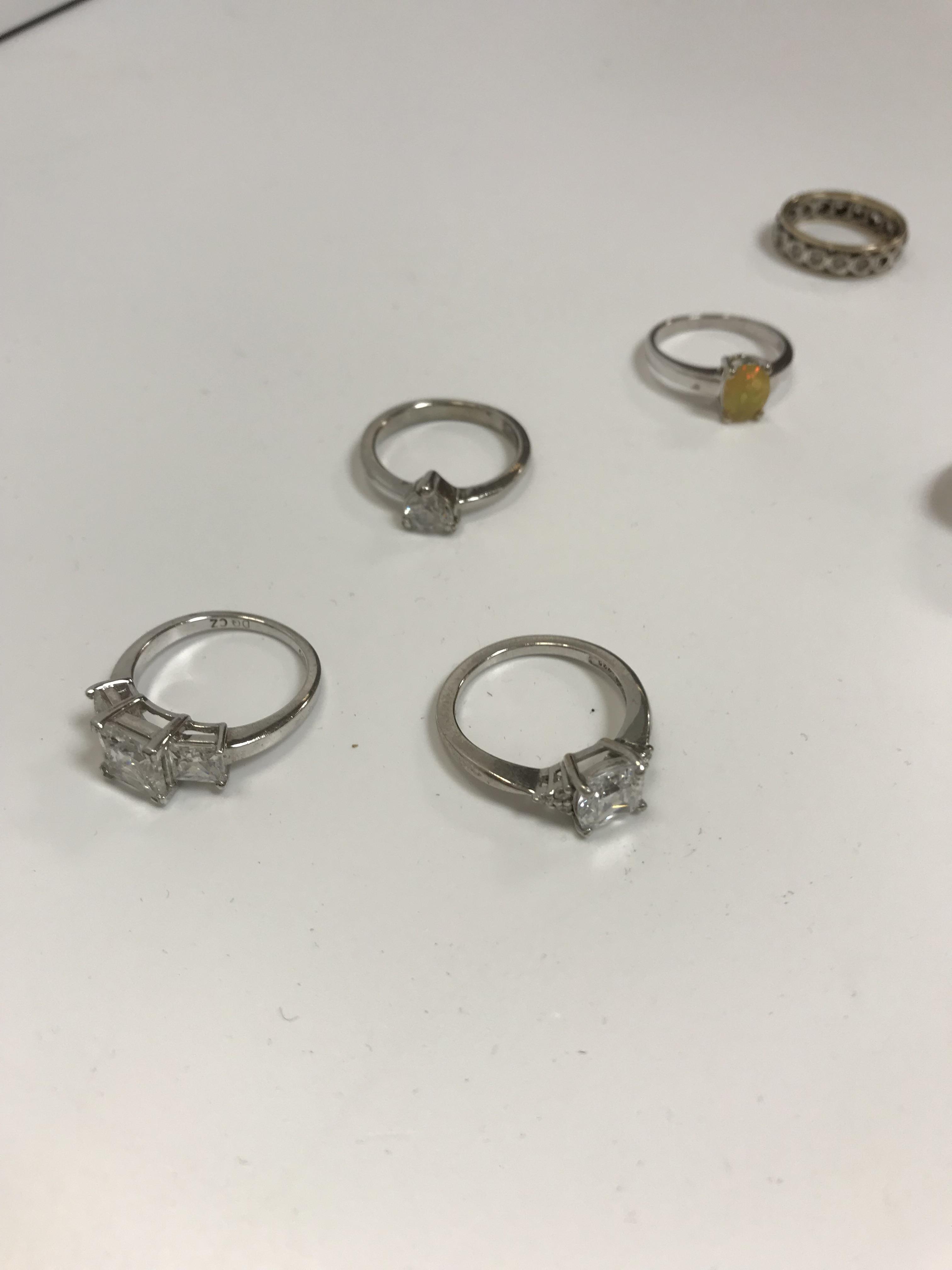 A collection of silver stone set rings and other assorted white and gold metal rings, - Image 4 of 7