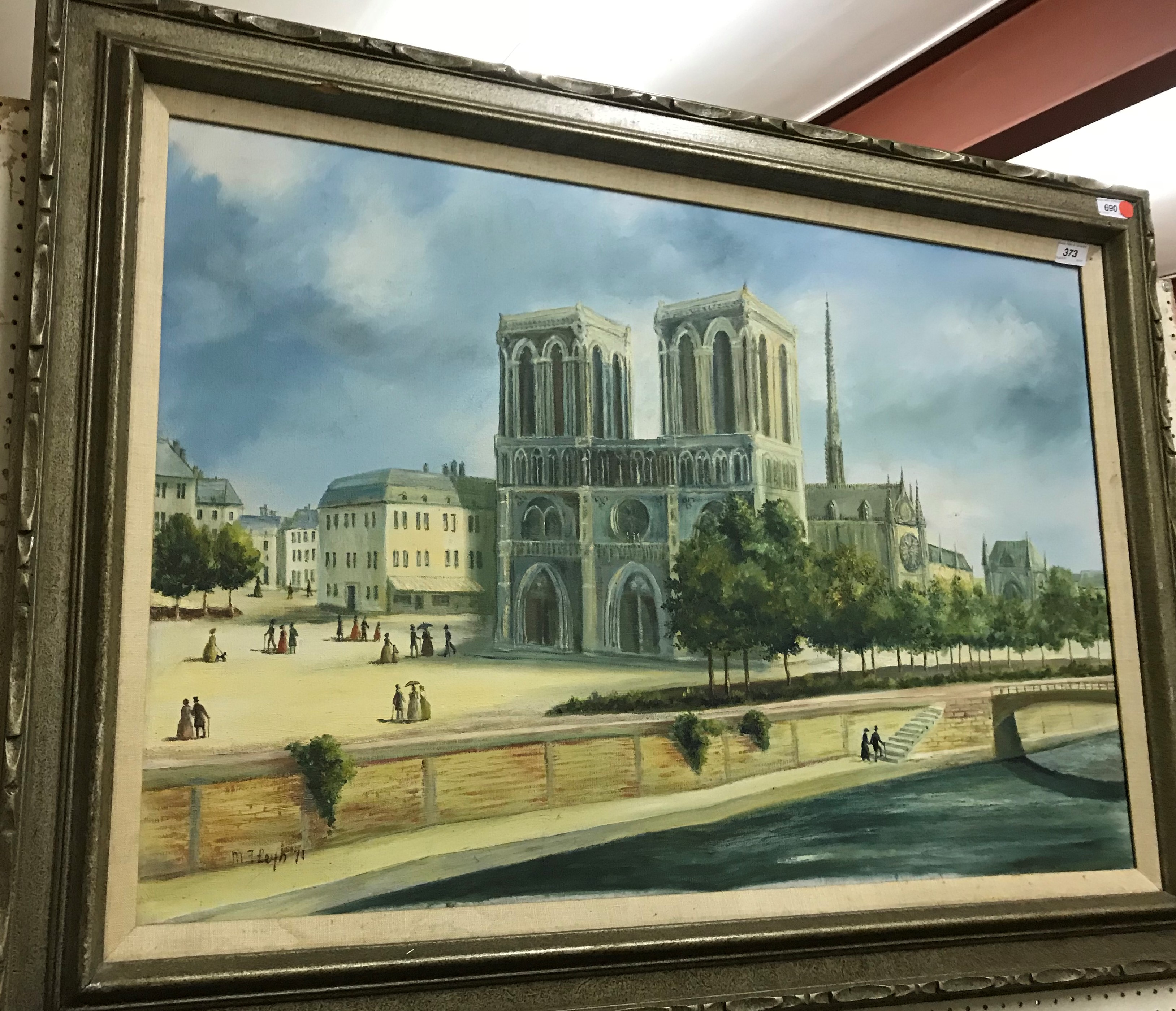 M F LEYS "Notre Dame", oil on canvas, signed lower left, approx 61 cm x 92 cm,