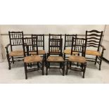 A composite set of six 19th Century North Country rush seat spindle back dining chairs on pad and