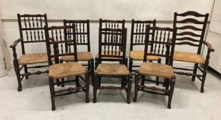 A composite set of six 19th Century North Country rush seat spindle back dining chairs on pad and