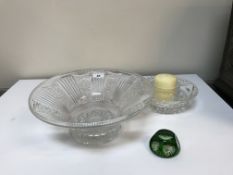 A collection of glassware to include a bohemian style footed pedestal bowl, a pair of candlesticks,