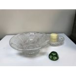 A collection of glassware to include a bohemian style footed pedestal bowl, a pair of candlesticks,