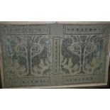An early green velvet/silk work embroidered panel of two pairs of exotic lions flanking a tree,