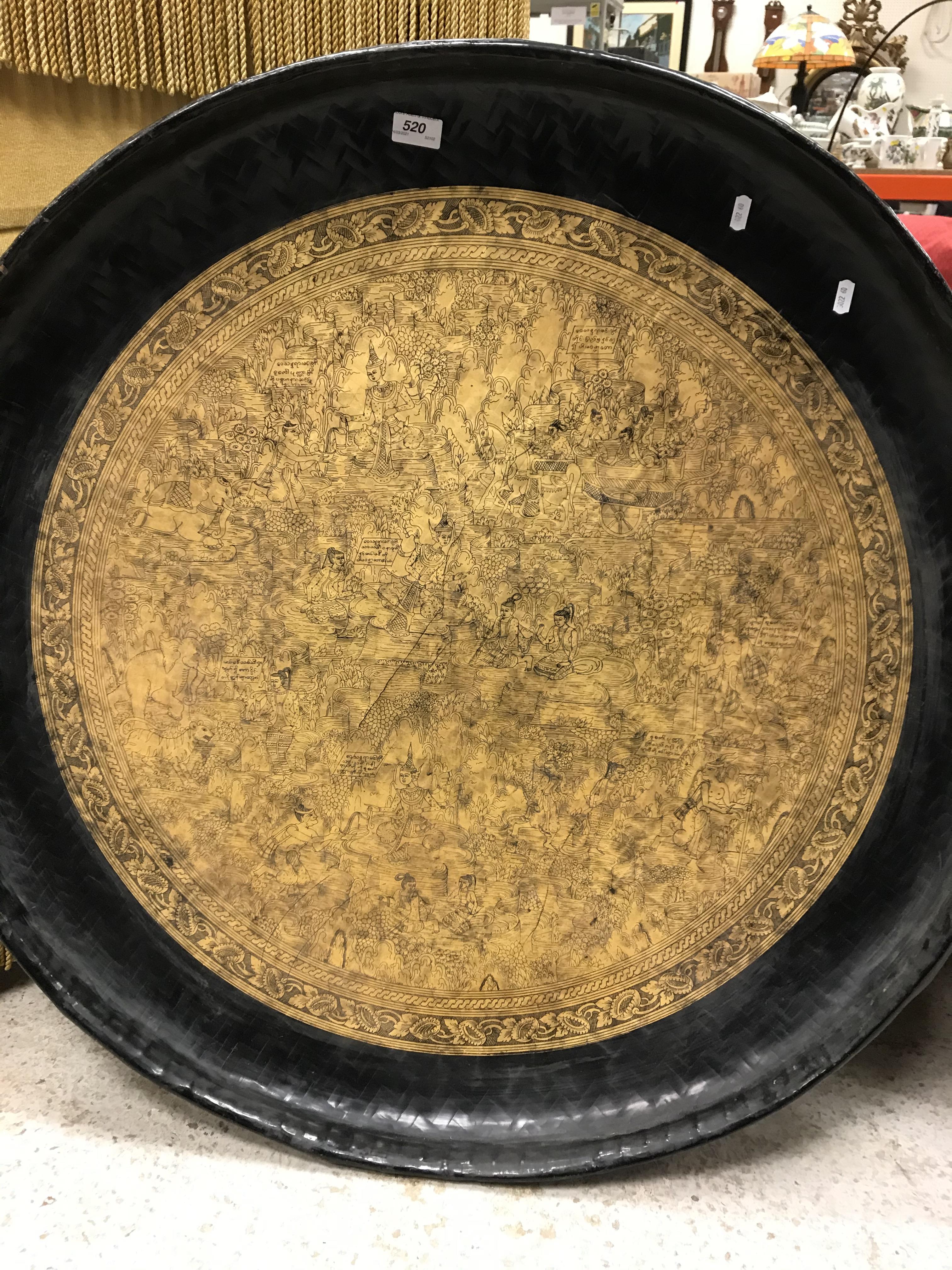 A modern Indonesian circular lacquered and gilt-decorated raffia tray of large proportions, - Image 2 of 18