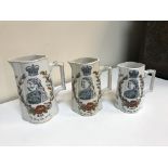 A graduated set of three Victorian Jubilee pattern commemorative jugs "For the sake of the fifty